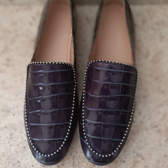 Coach Croc-Embossed Loafers in Deep Plum with Beaded Trim - Picture 6 of 7